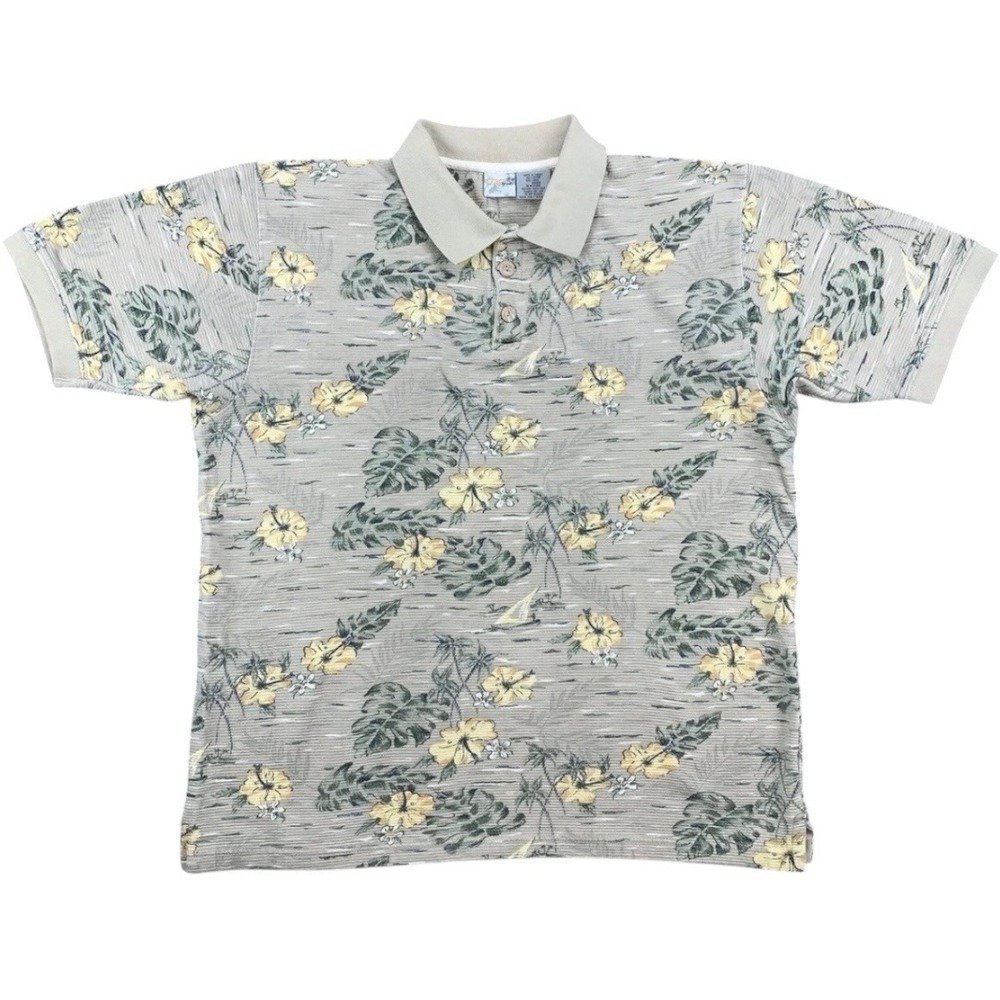 OP Ocean Pacific Men's Large Sailboat Print Polo Shirt Tropical Floral Cotton